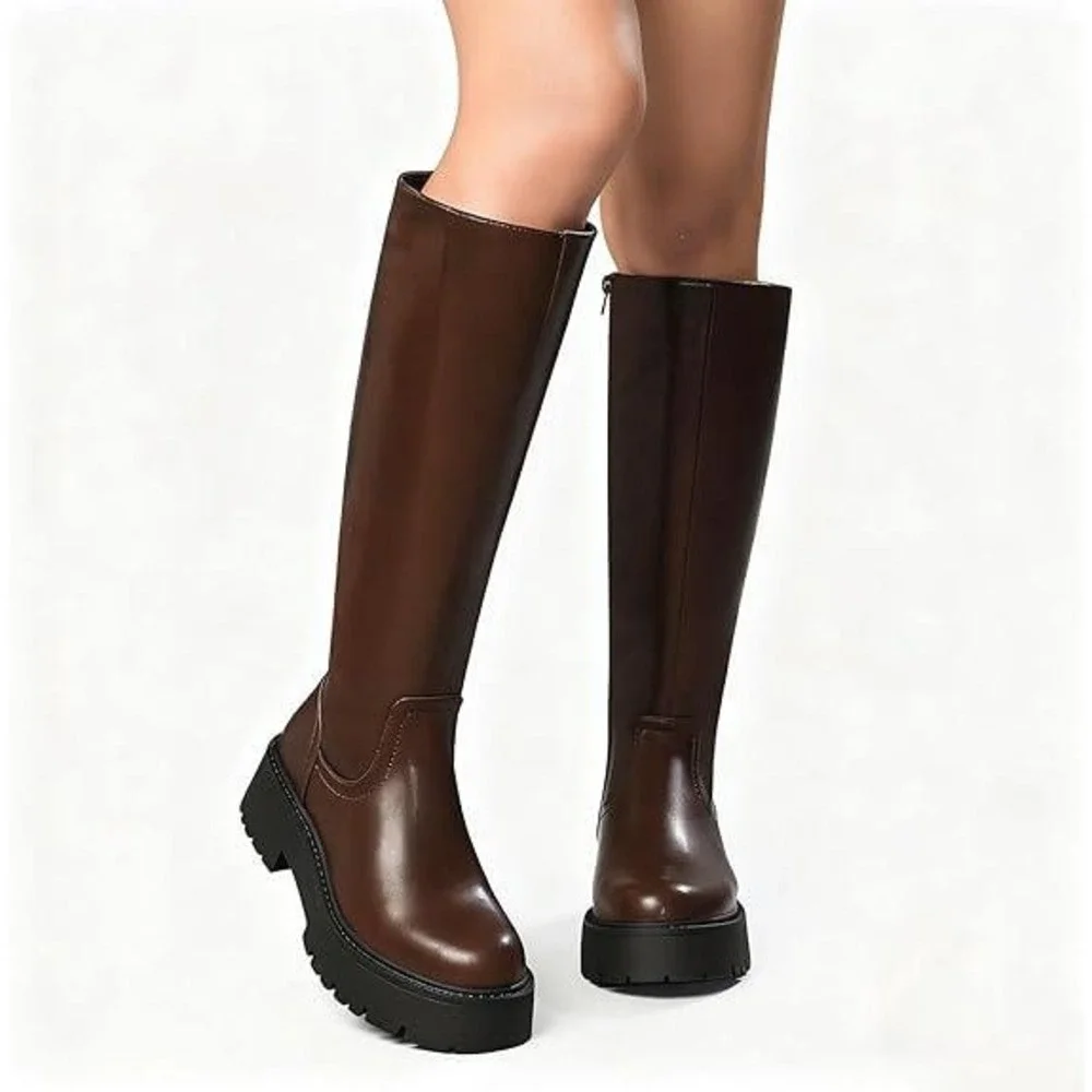 Women's US 7.5 - 8 Brown Platform Knee High Boots PU Leather Zip Tall Lug Sole